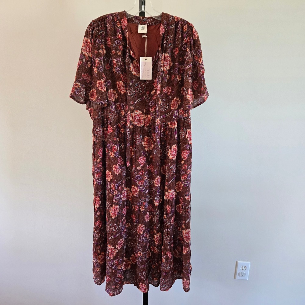 Good Hart Mariposa Floral Midi Dress Brown Pink Tiered Rayon Size M 34124013D